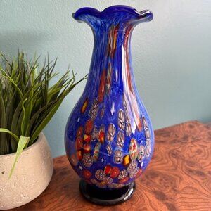 Vintage Murano Millefiori Vase Italy Art Glass Blue Multi Colored Heavy